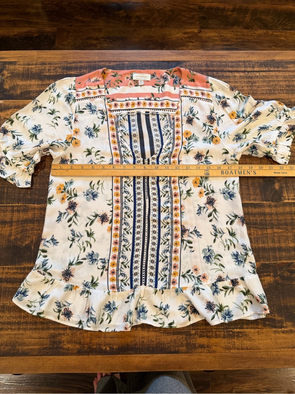 Lucky Brand Cream Floral Boho Blouse with Coral Yoke and Blue Trim - Picture 4 of 6